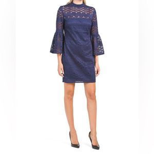 Trina Turk Navy Blue Bell Sleeve Illusion Neck Lace Overlay Mini Dress NWT